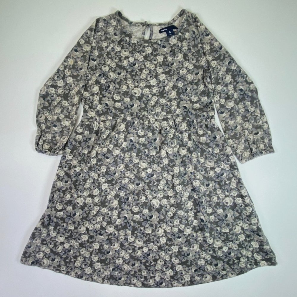 Gap Kids Girls Dress Long Sleeve 100% Cotton Knit Gray Purple Flowers Hi Lo Hem